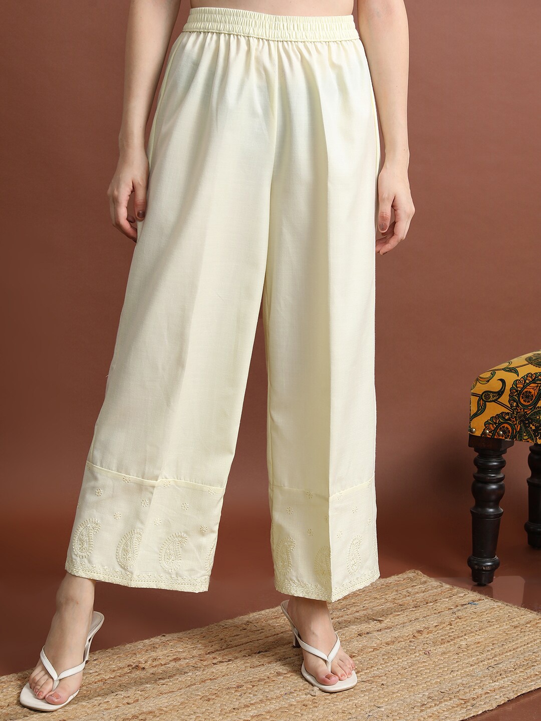 

Vishudh Hem Design Wide Leg Regular Fit Ethnic Palazzos, Cream