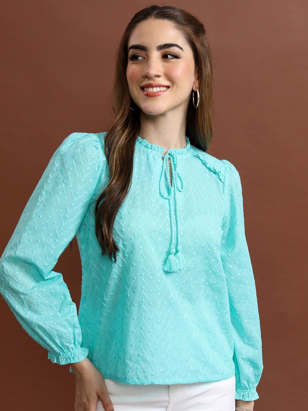 

Vishudh Blue Self Design Tie-Up Neck Top