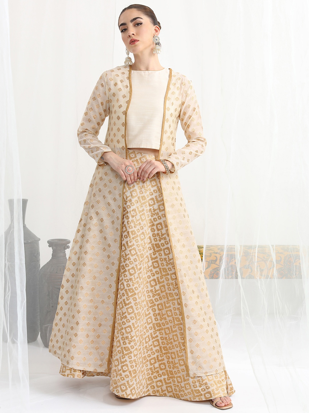 

Vishudh Ethnic Motif Woven Design Ready To Wear Lehenga Choli With Shrug, Cream