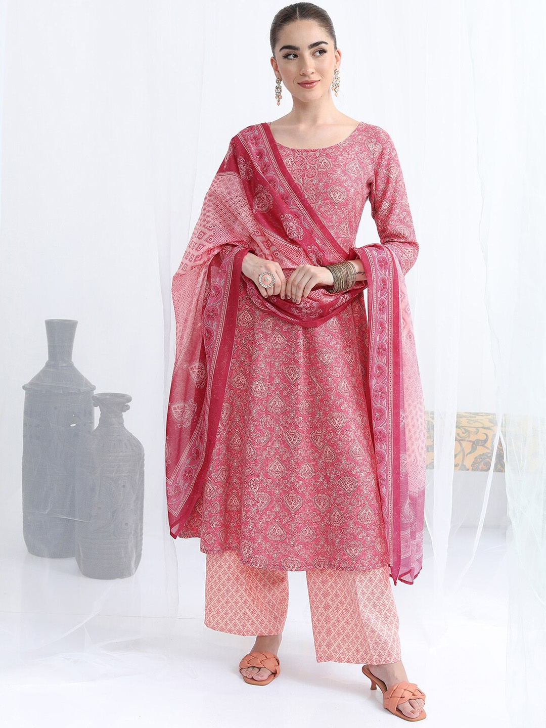 

Vishudh Ethnic Printed A-Line Kurta With Palazzos & Dupatta, Pink