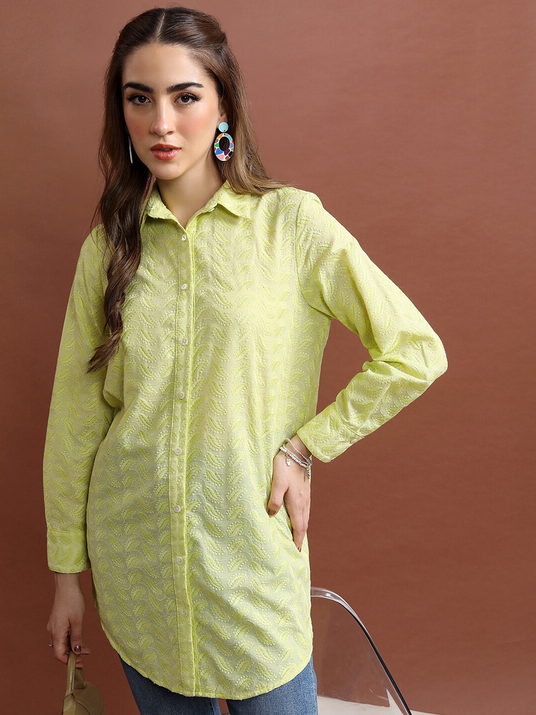 

Vishudh Lime Green Floral Embroidered Casual Shirt