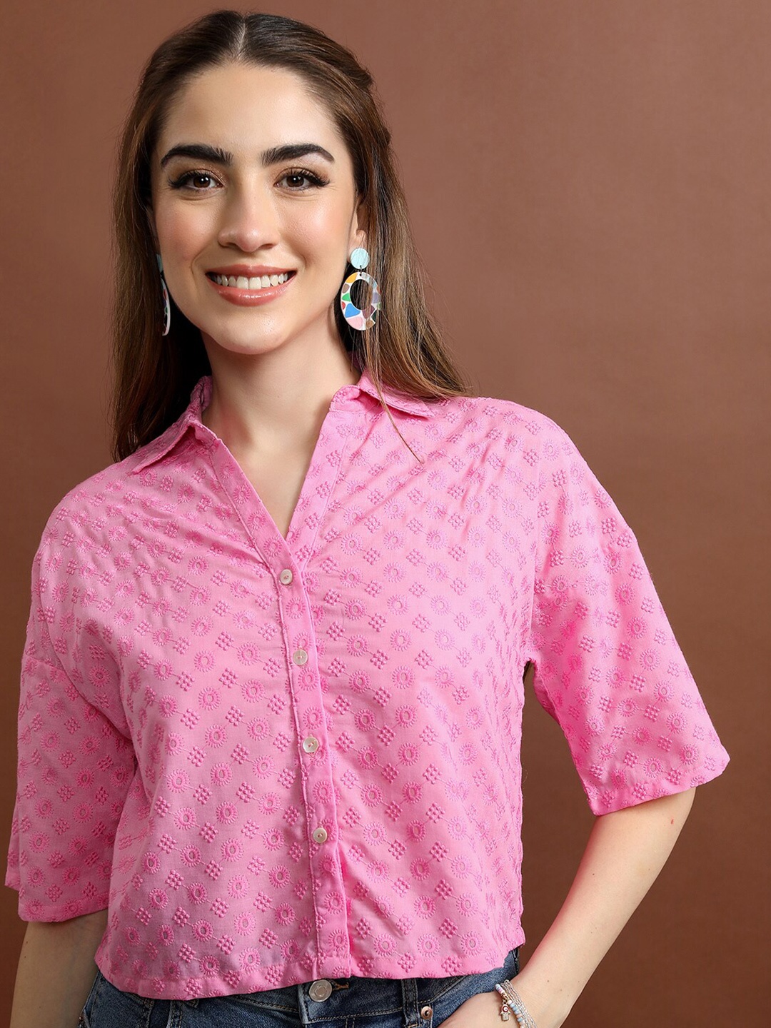 

Vishudh Ethnic Motifs Embroidered Crop Casual Shirt, Pink