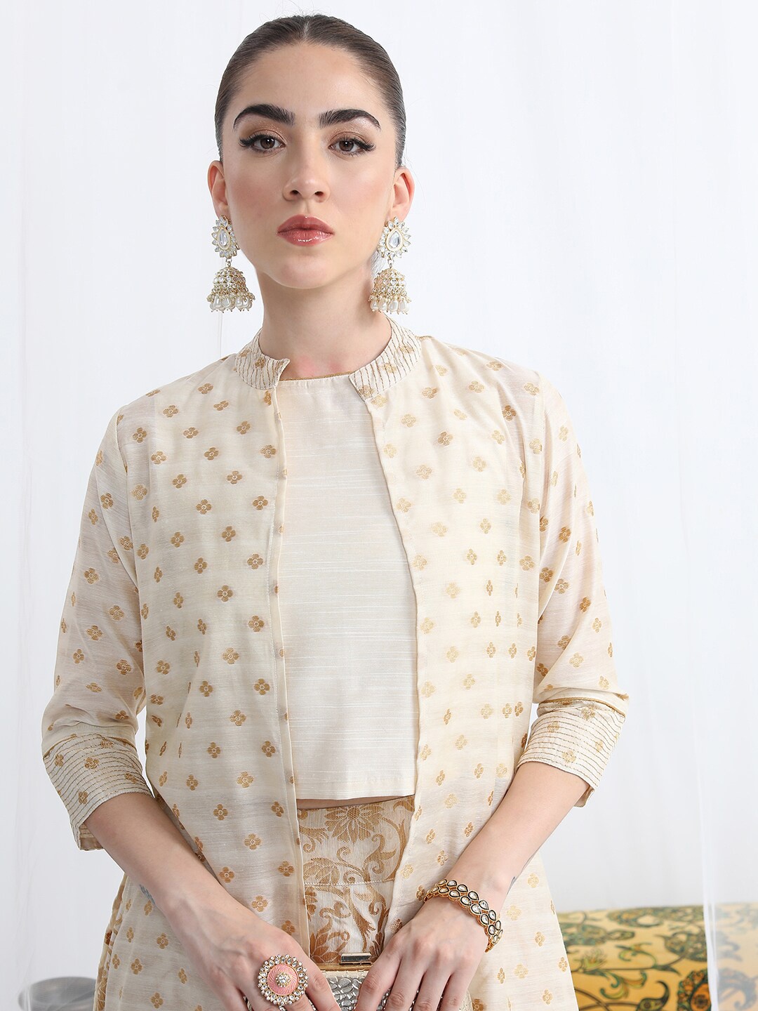 

Vishudh Ethnic Motifs Woven Design Top & Skirt With A-Line Jacket, Cream