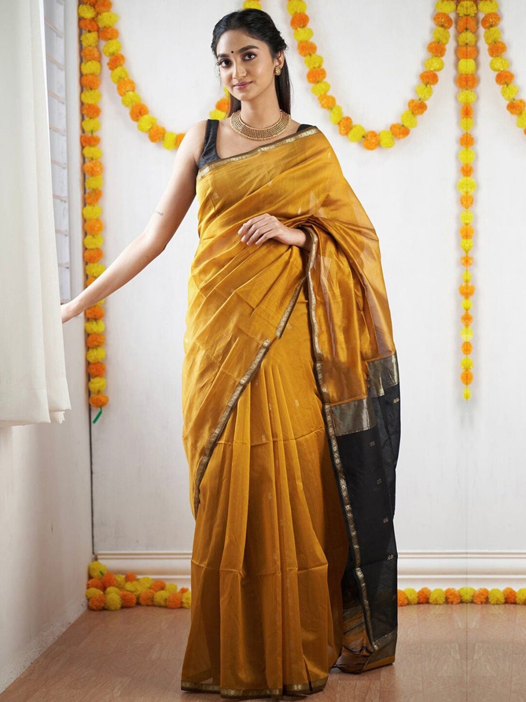 

SAREEWAVE Woven Design Zari Kota Saree, Mustard