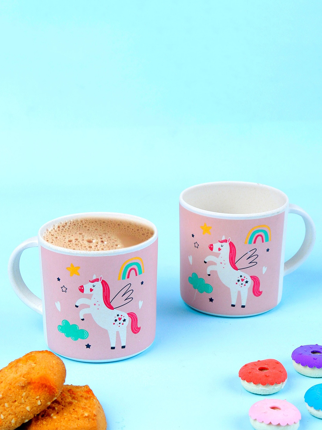 

THE BAMBOO CO 2 Pieces Unicorn Printed Bamboo Glossy Mugs, Pink