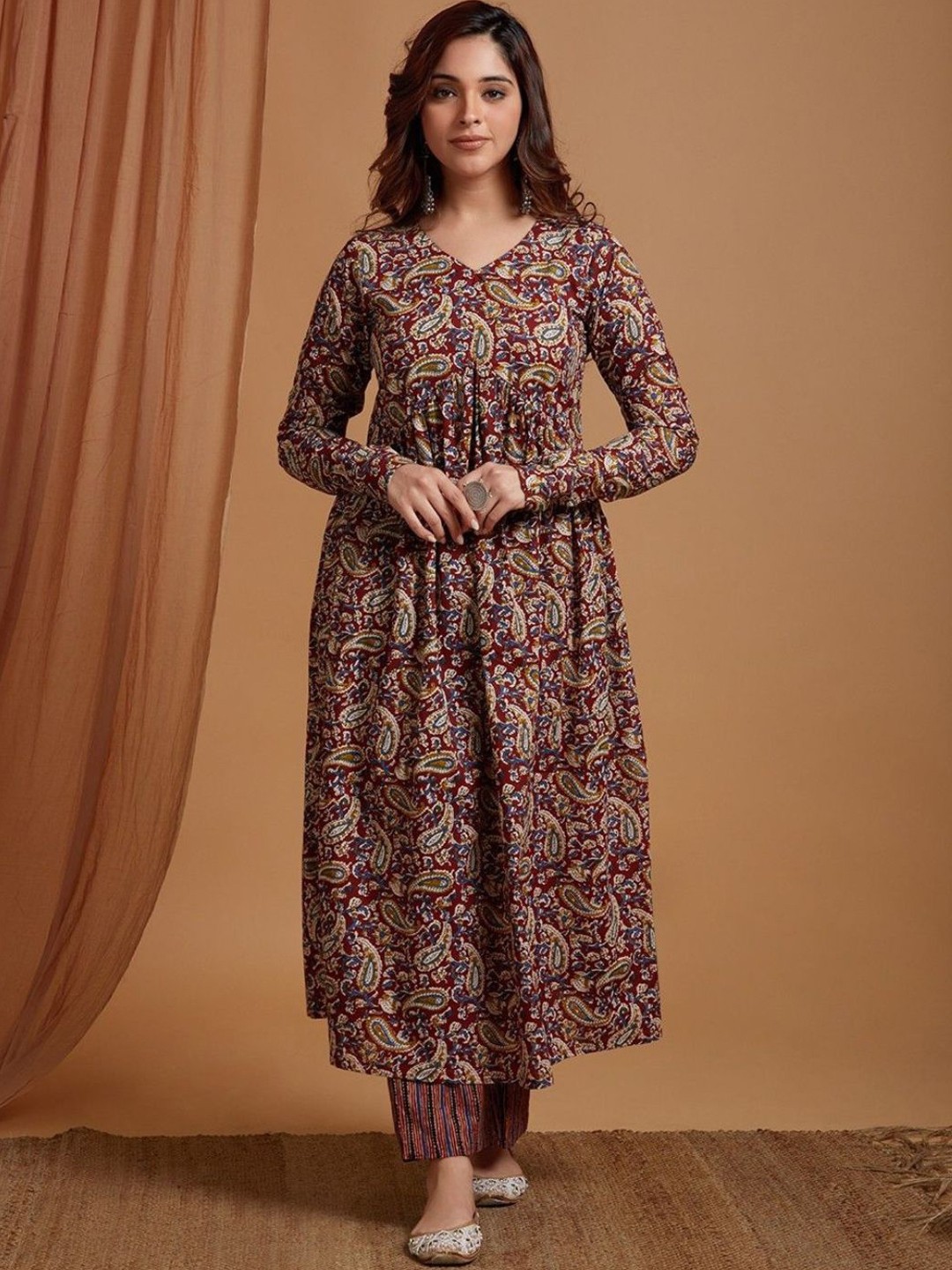 

Collection Rj23 Paisley Printed Pure Cotton Anarkali Kurta With Trousers & Dupatta, Brown