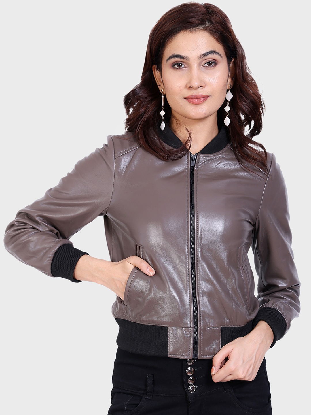 

Justanned Leather Bomber Jacket, Grey