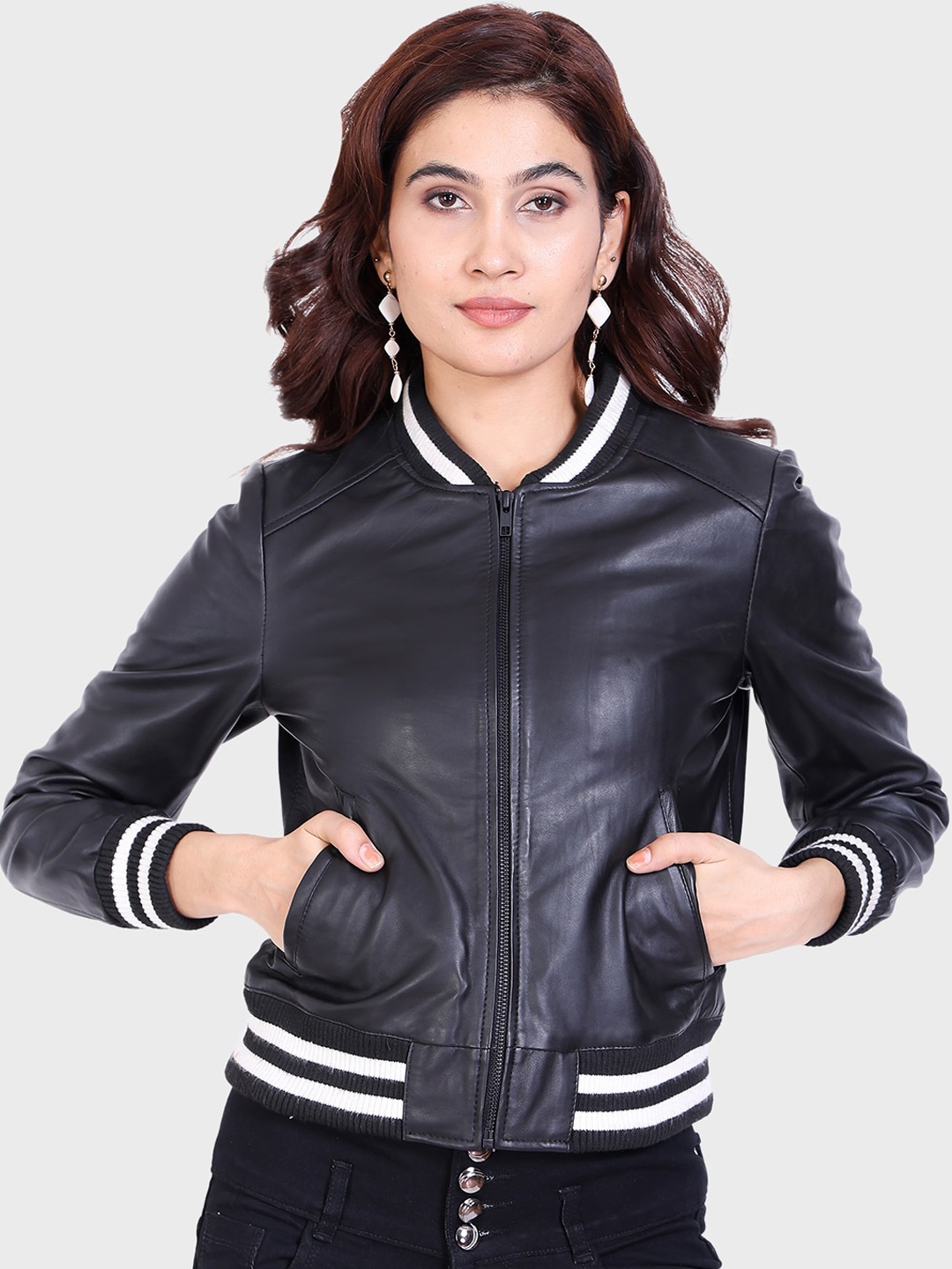 

Justanned Monochrome Leather Crop Bomber Jacket, Black