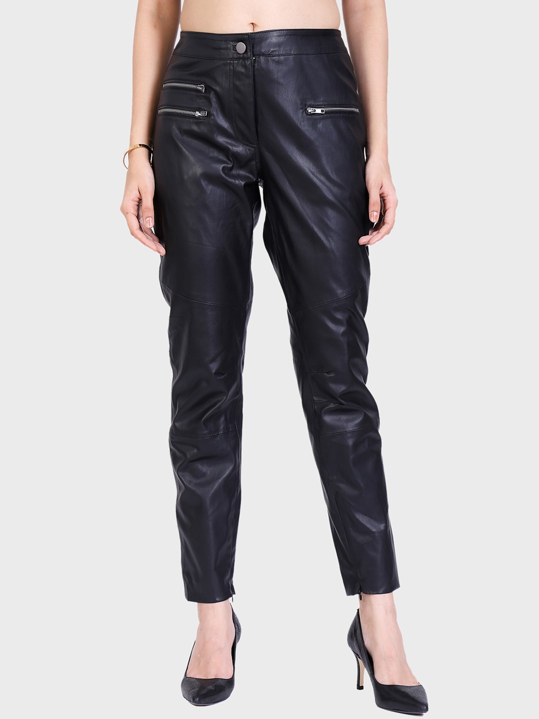 

Justanned Women Regular Fit High-Rise Leather Trousers, Black