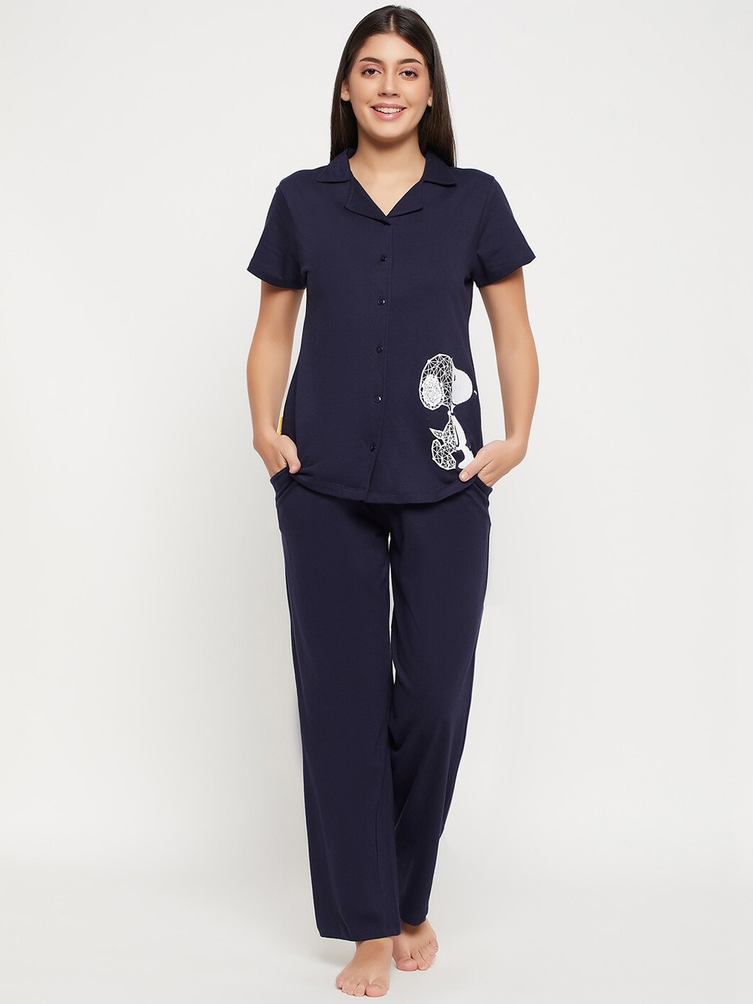 

Clovia Lapel Collar Shirt With Pyjama, Black