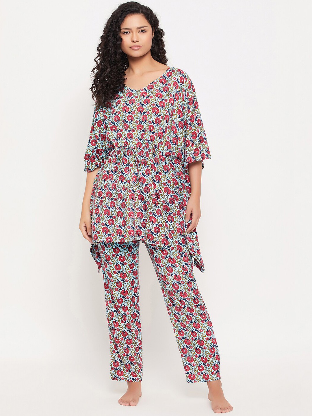 

Clovia Floral Printed Kaftan Top With Pyjama, Blue