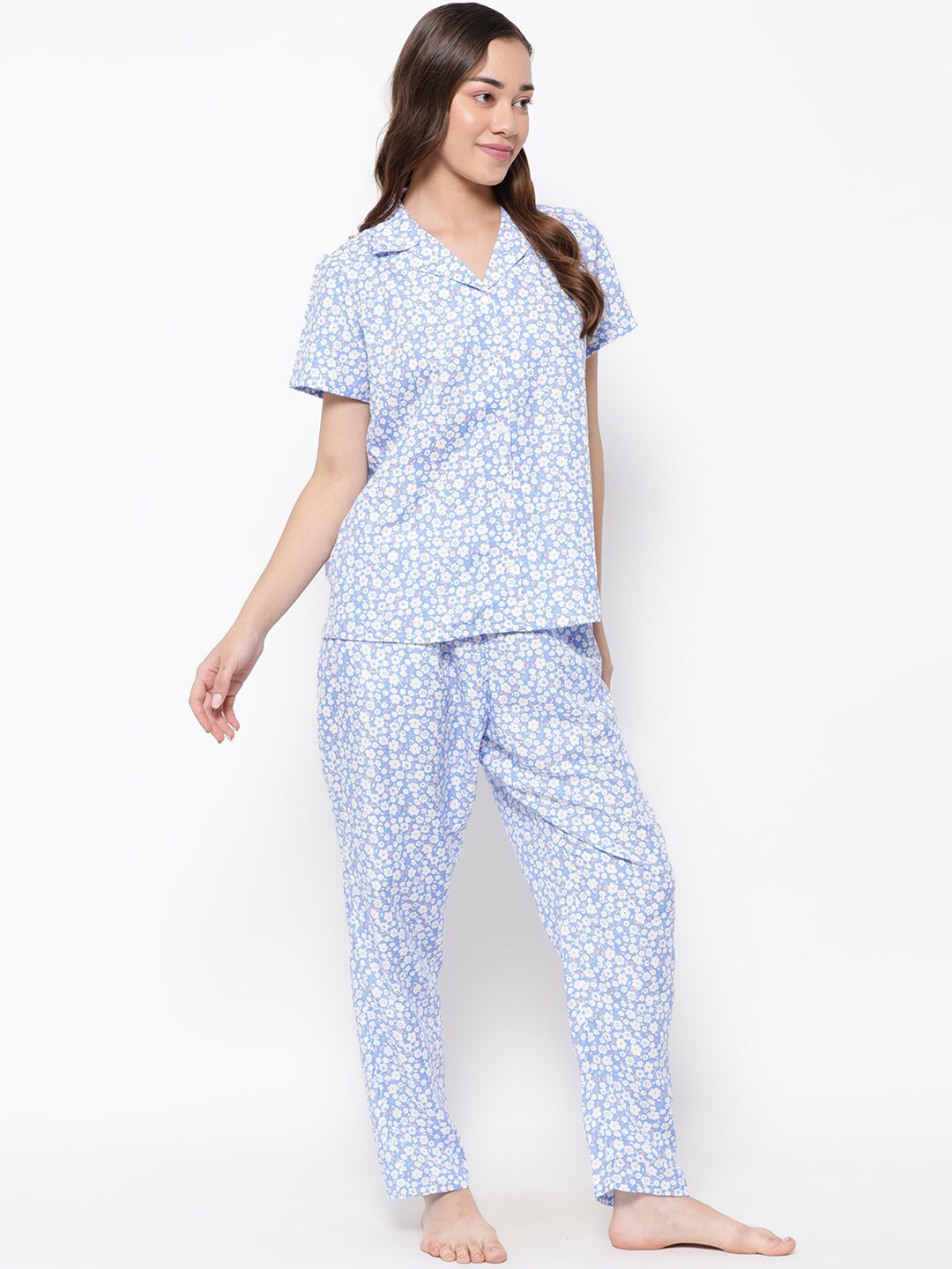 

Clovia Floral Printed Shirt With Pyjama, Blue