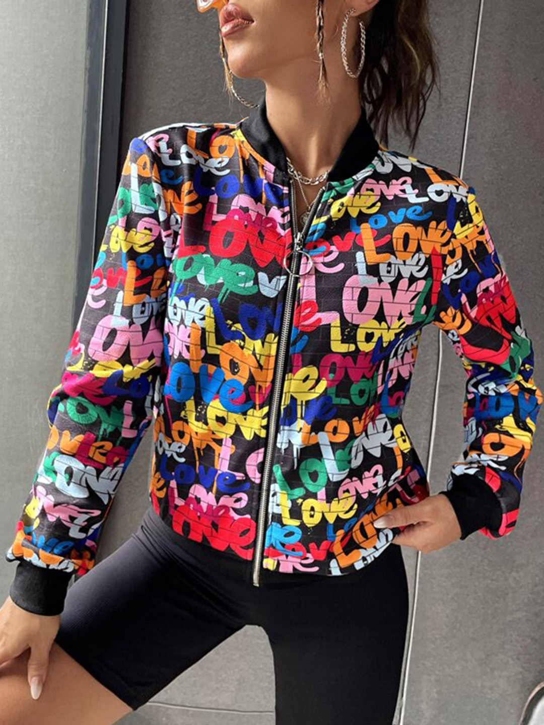 

MAZIE Floral Lightweight Stand Collar Bomber Jacket, Black