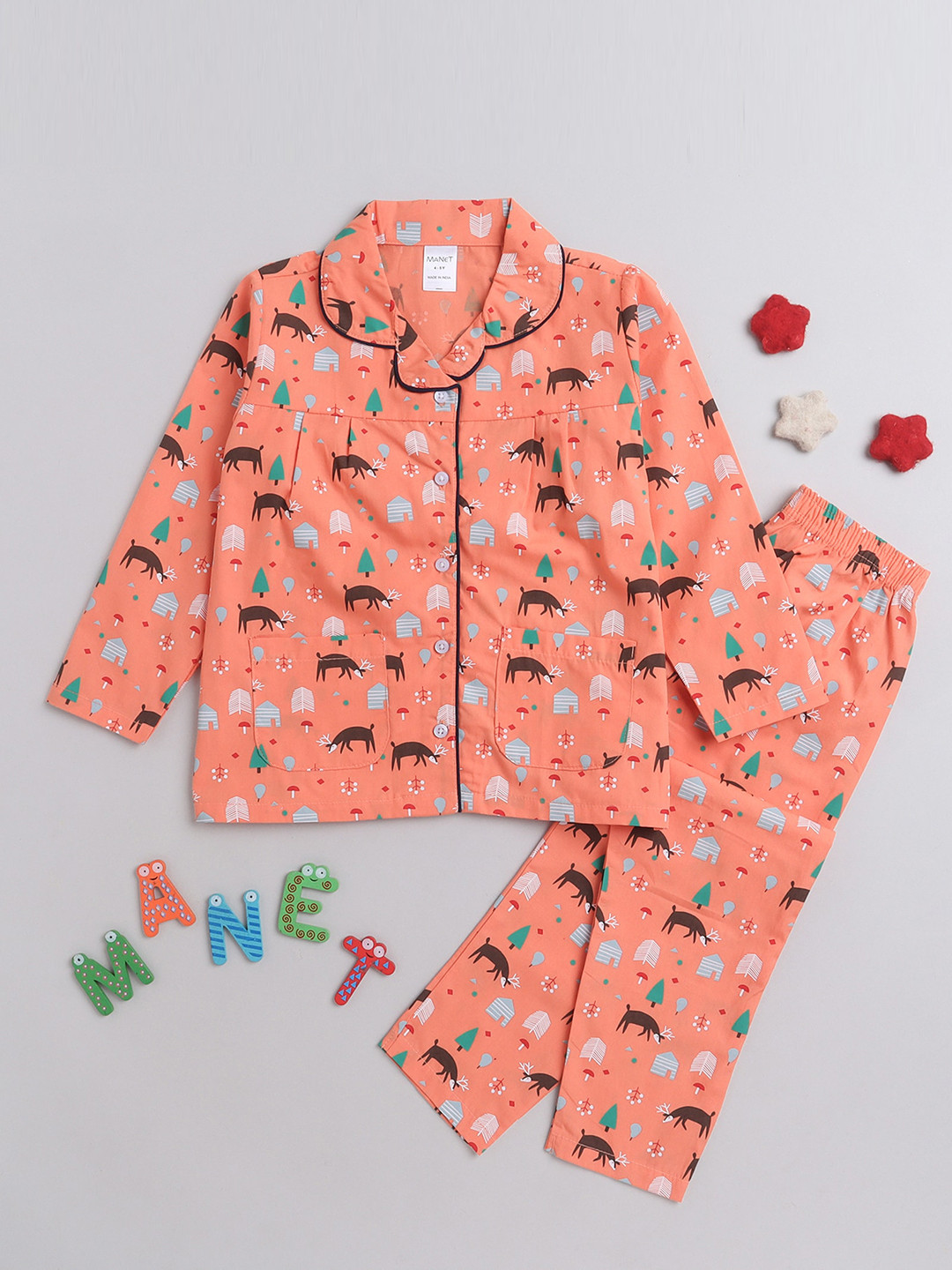 

MANET Girls Conversational Printed Shirt With Pyjama, Orange