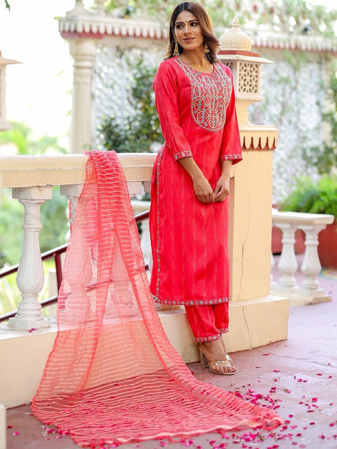 

KALINI Ethnic Motifs Embroidered Mirror Work Kurta With Trousers & Dupatta, Pink