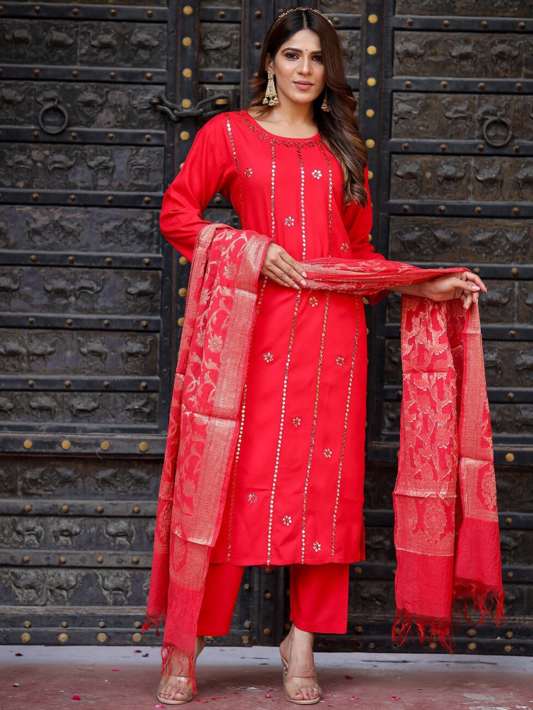 

KALINI Ethnic Motifs Embroidered Mirror Work Detail Straight Kurta & Trousers With Dupatta, Red