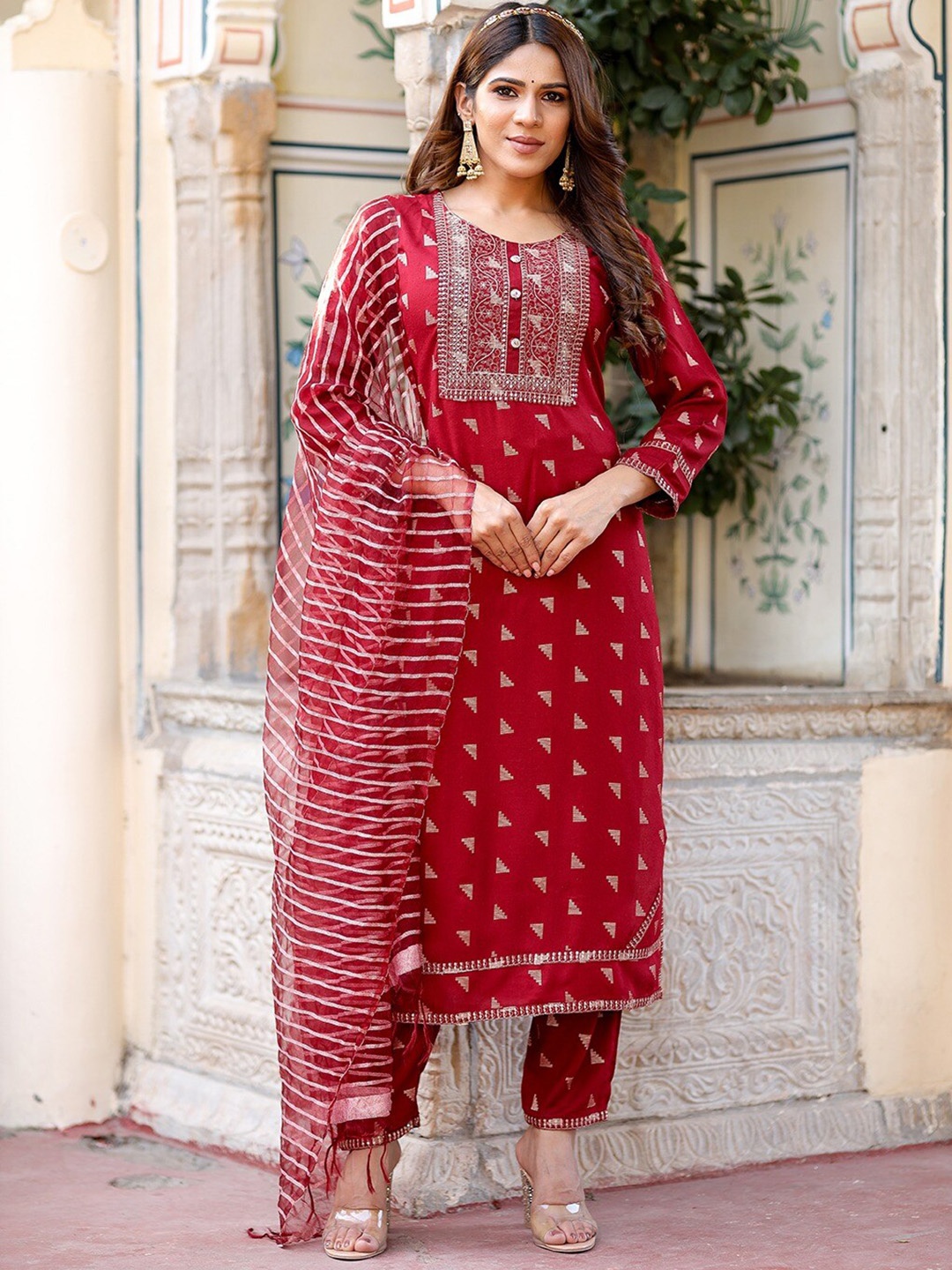 

KALINI Geometric Woven Design Thread Work Detail Straight Kurta & Trousers With Dupatta, Maroon