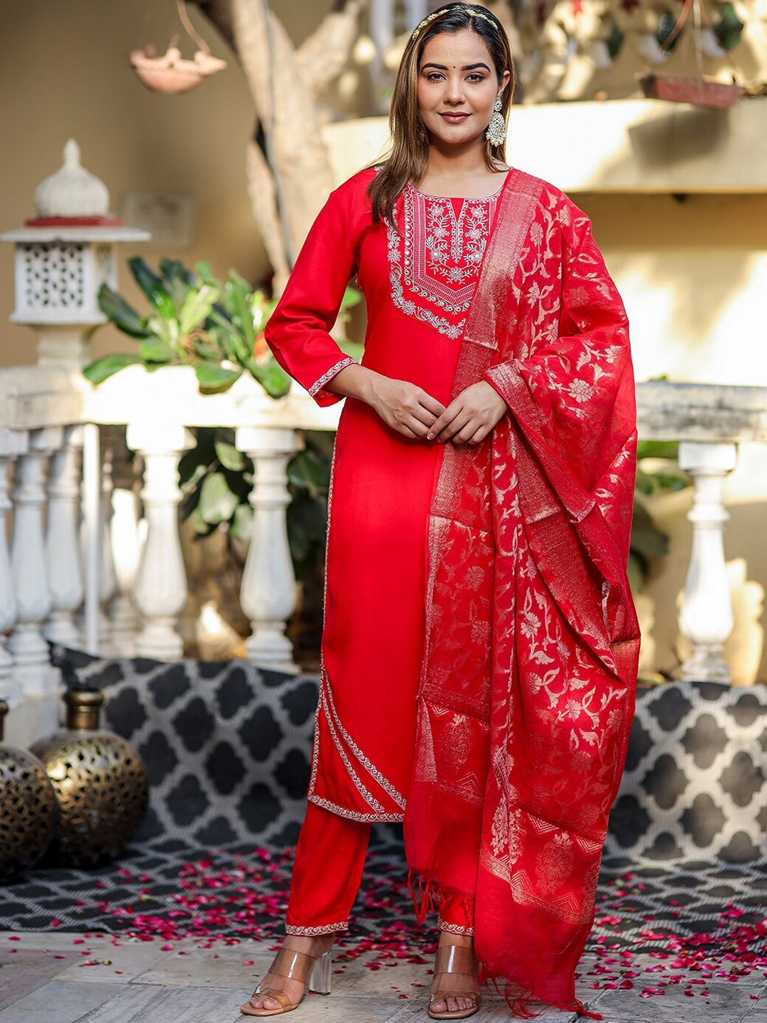 

KALINI Ethnic Motifs Yoke Design Thread Work Straight Kurta & Trousers With Dupatta, Red