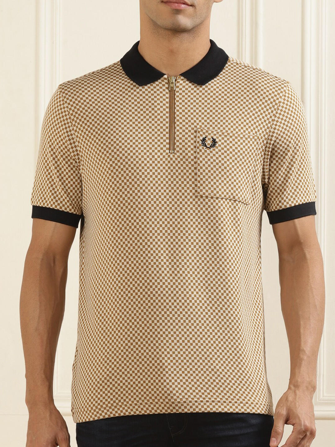 

Fred Perry Checked Polo Collar Slim Fit Pure Cotton T-Shirt, Brown