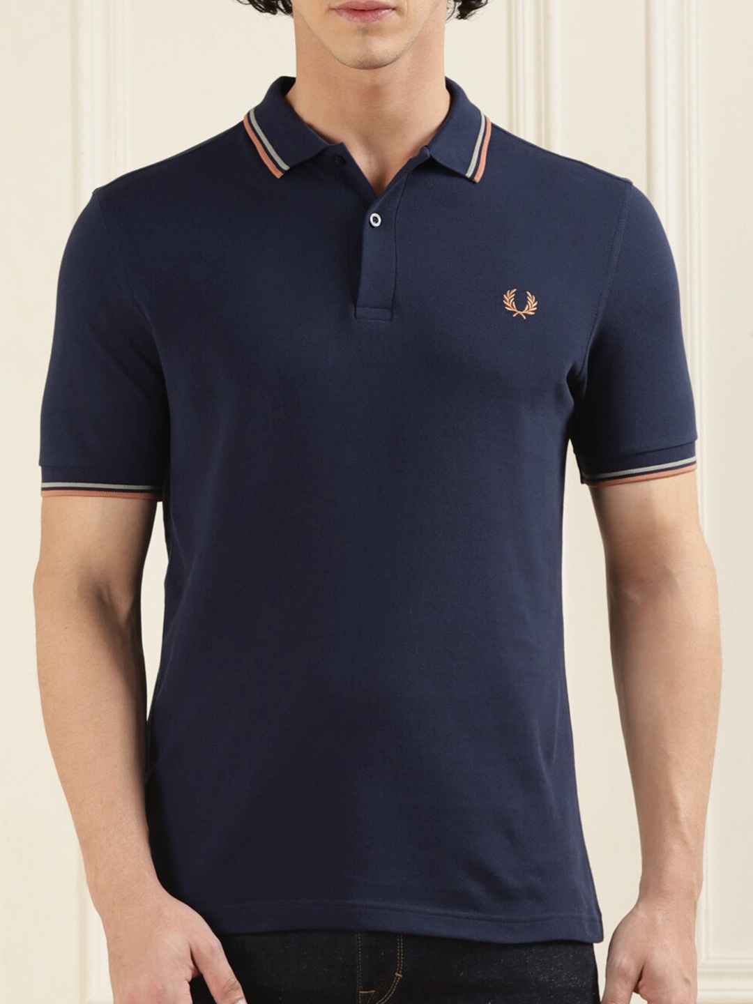 

Fred Perry Men Navy Blue Mandarin Collar Pockets Slim Fit T-shirt