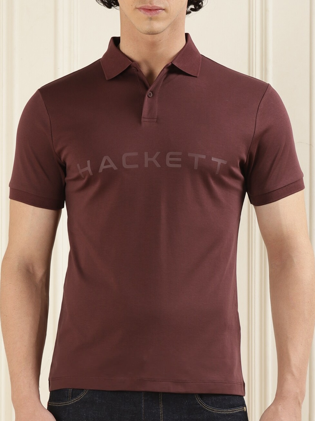 

HACKETT LONDON Men Maroon Striped Mandarin Collar Pockets Slim Fit T-shirt