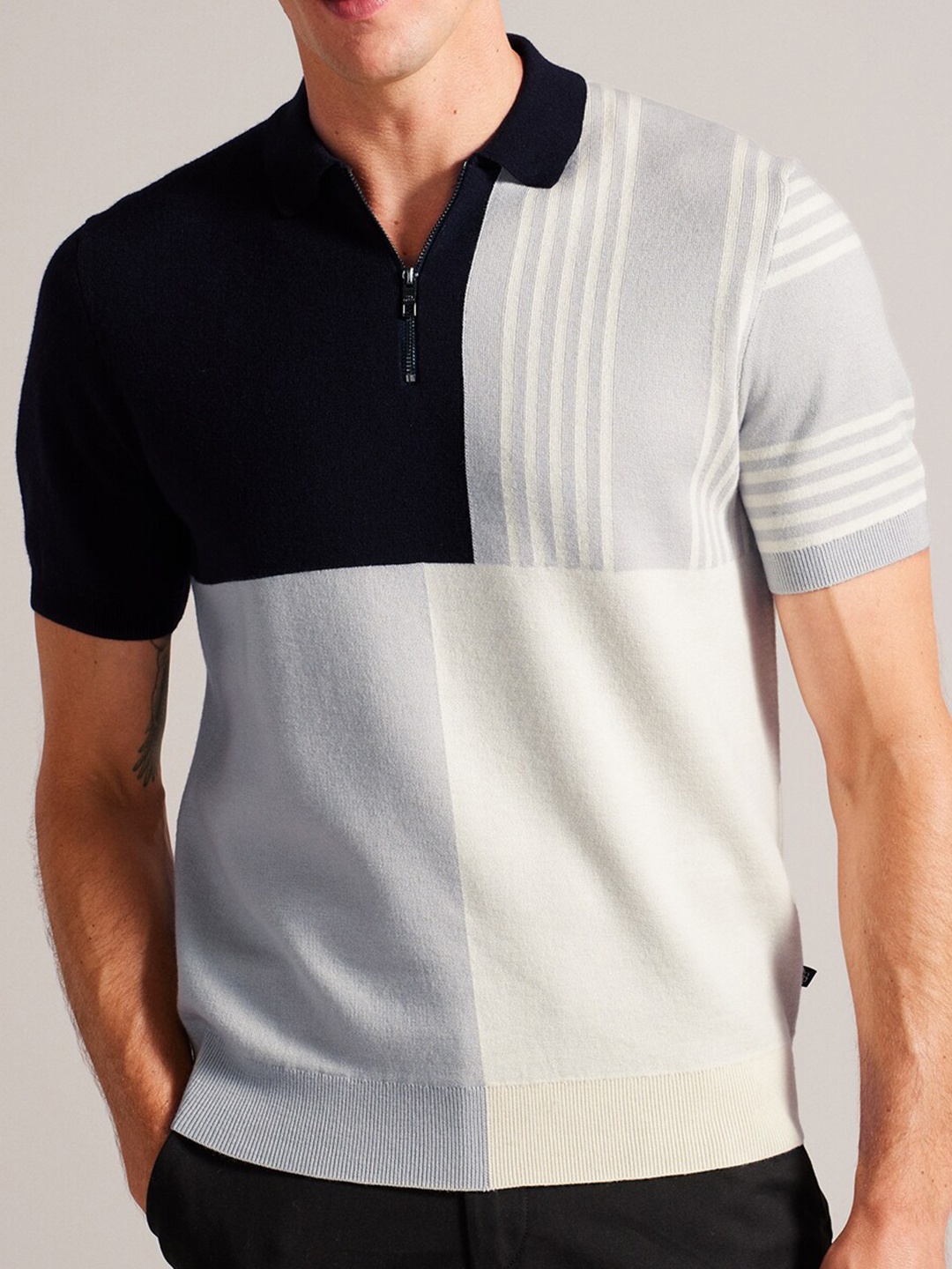 

Ted Baker Men Navy Blue Striped Polo Collar Pockets Slim Fit T-shirt