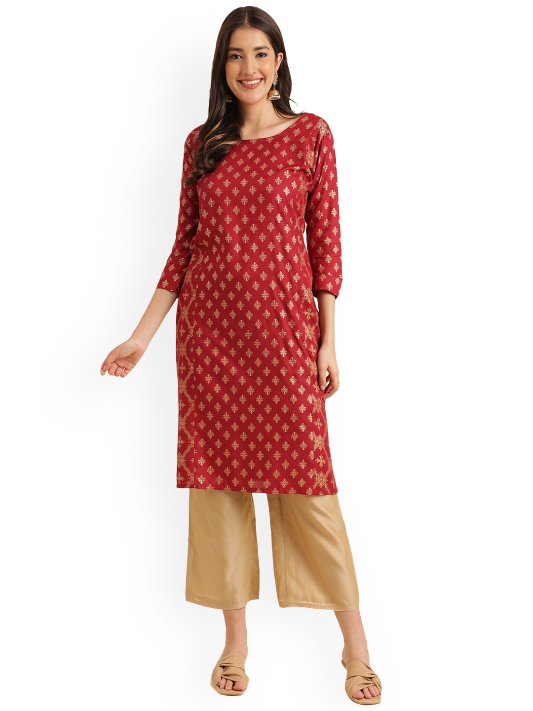 

KALINI Ethnic Motif Foil Printed Straight Kurta, Maroon