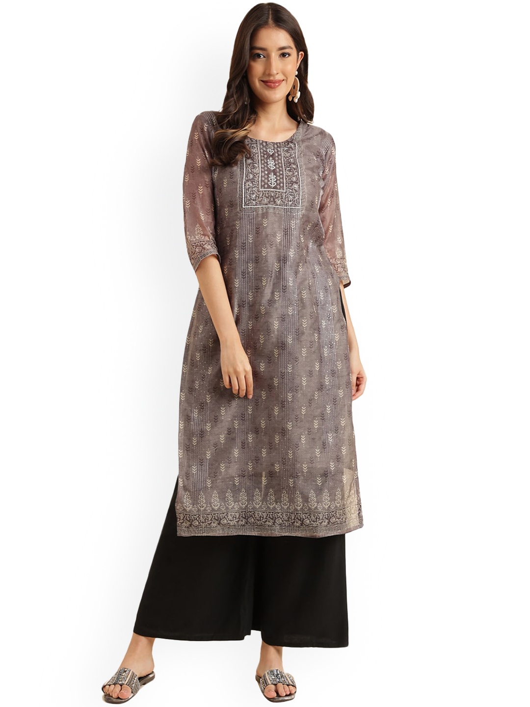 

KALINI Ethnic Motif Printed Straight Kurta, Grey