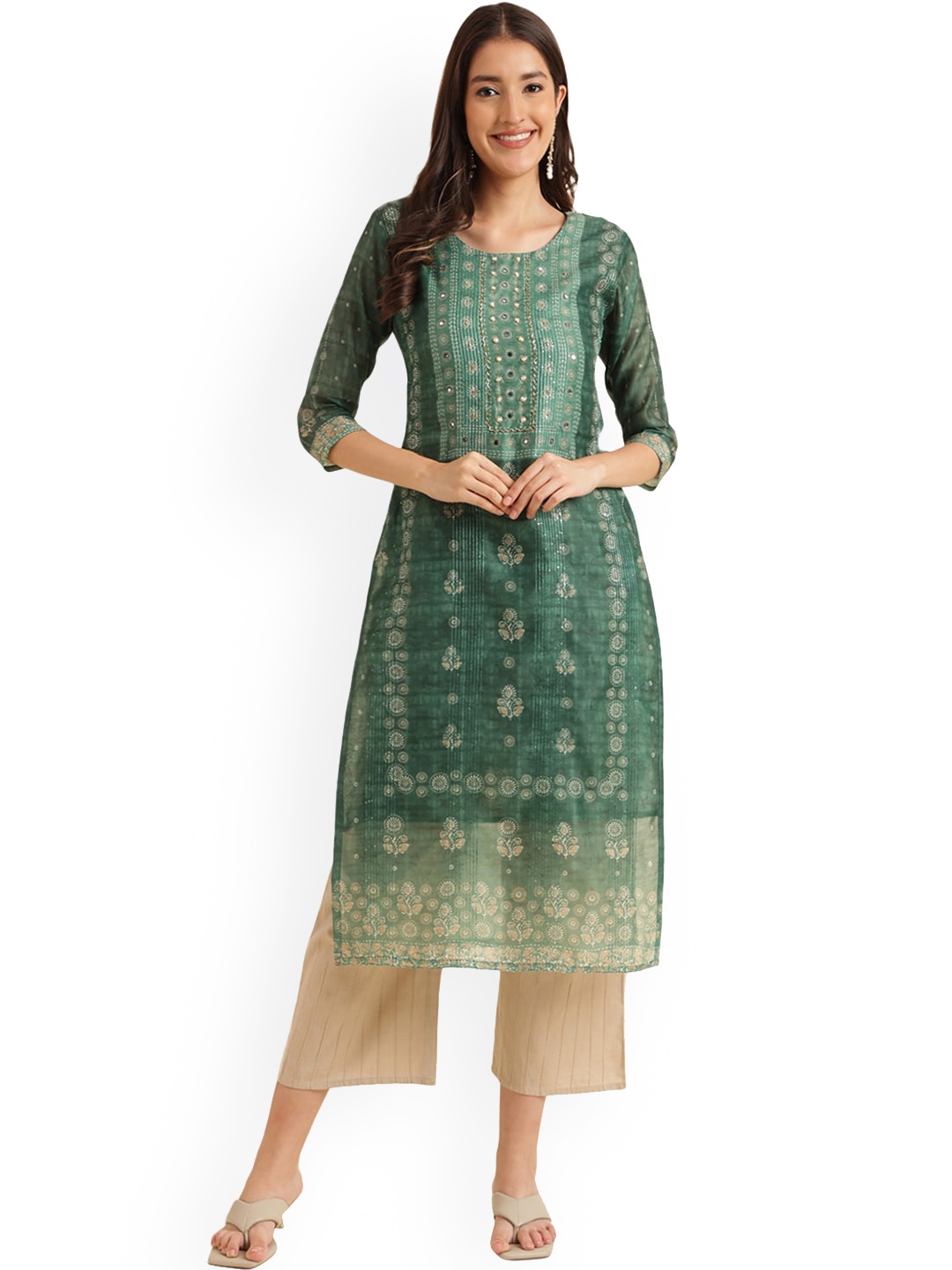 

KALINI Ethnic Motifs Printed Mirror Work Kurta, Sea green