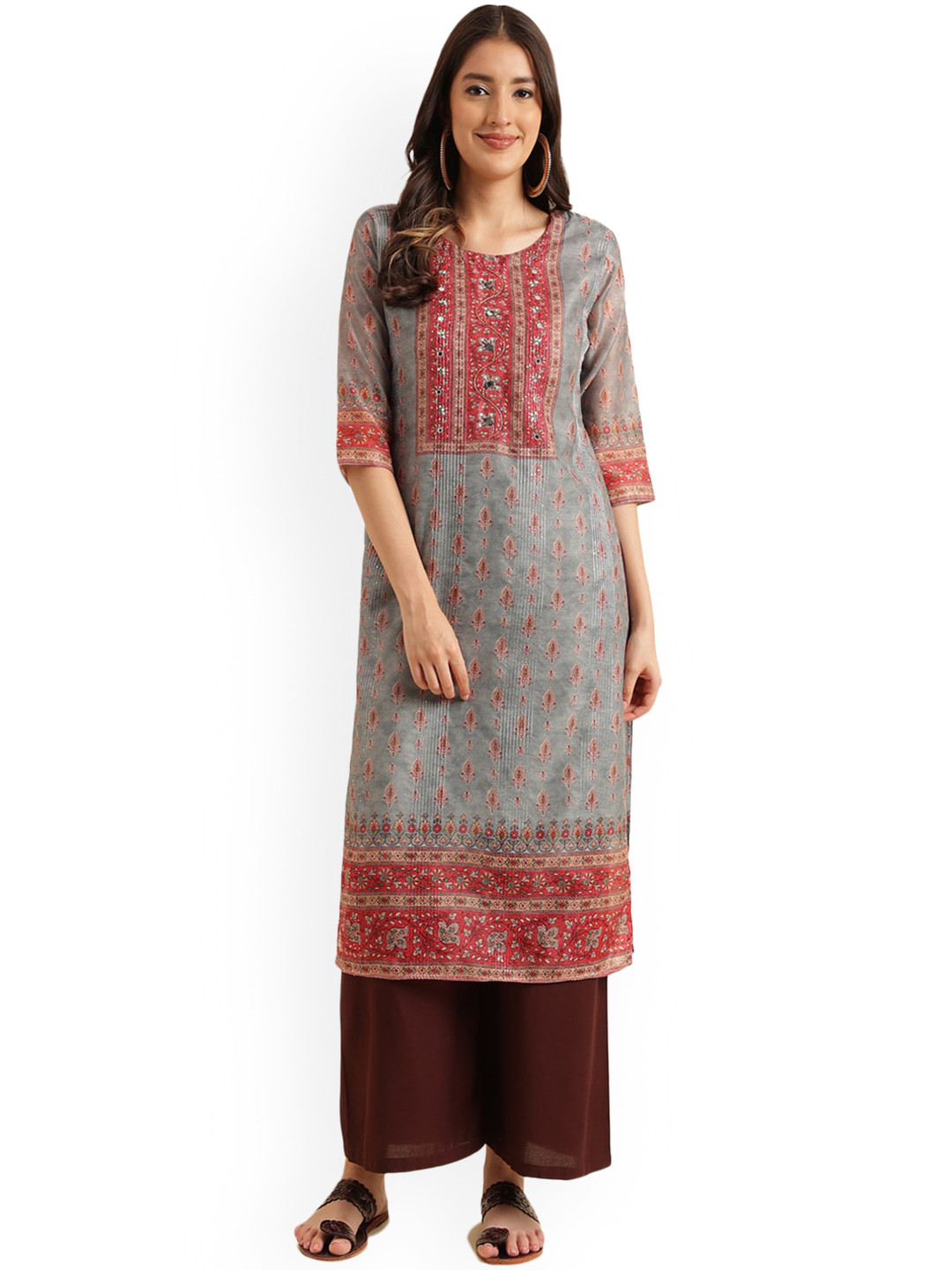 

KALINI Ethnic Motif Printed Straight Kurta, Grey