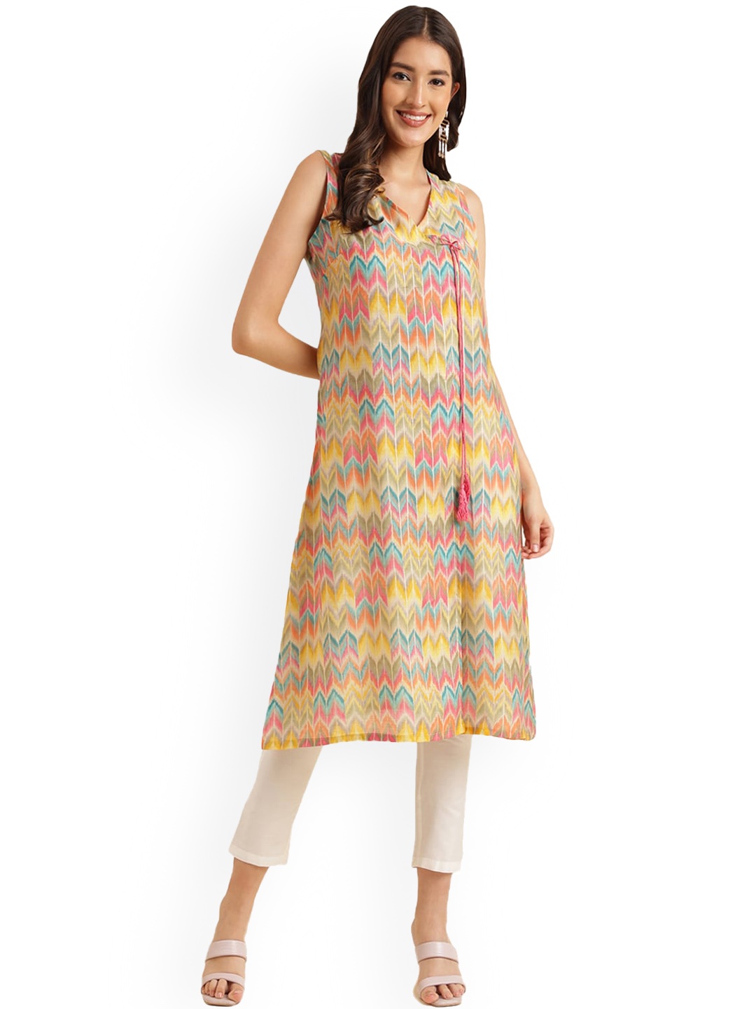 

KALINI Chevron Printed V-Neck Kurta, Yellow