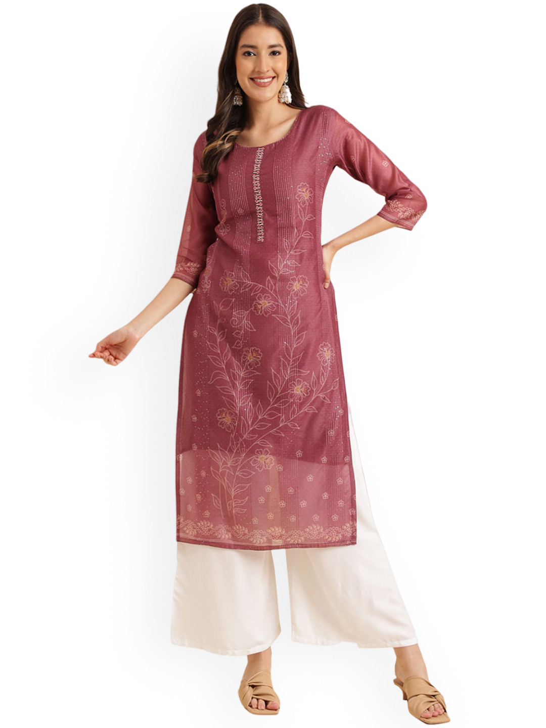 

KALINI Floral Printed Sequins Straight Kurta, Maroon
