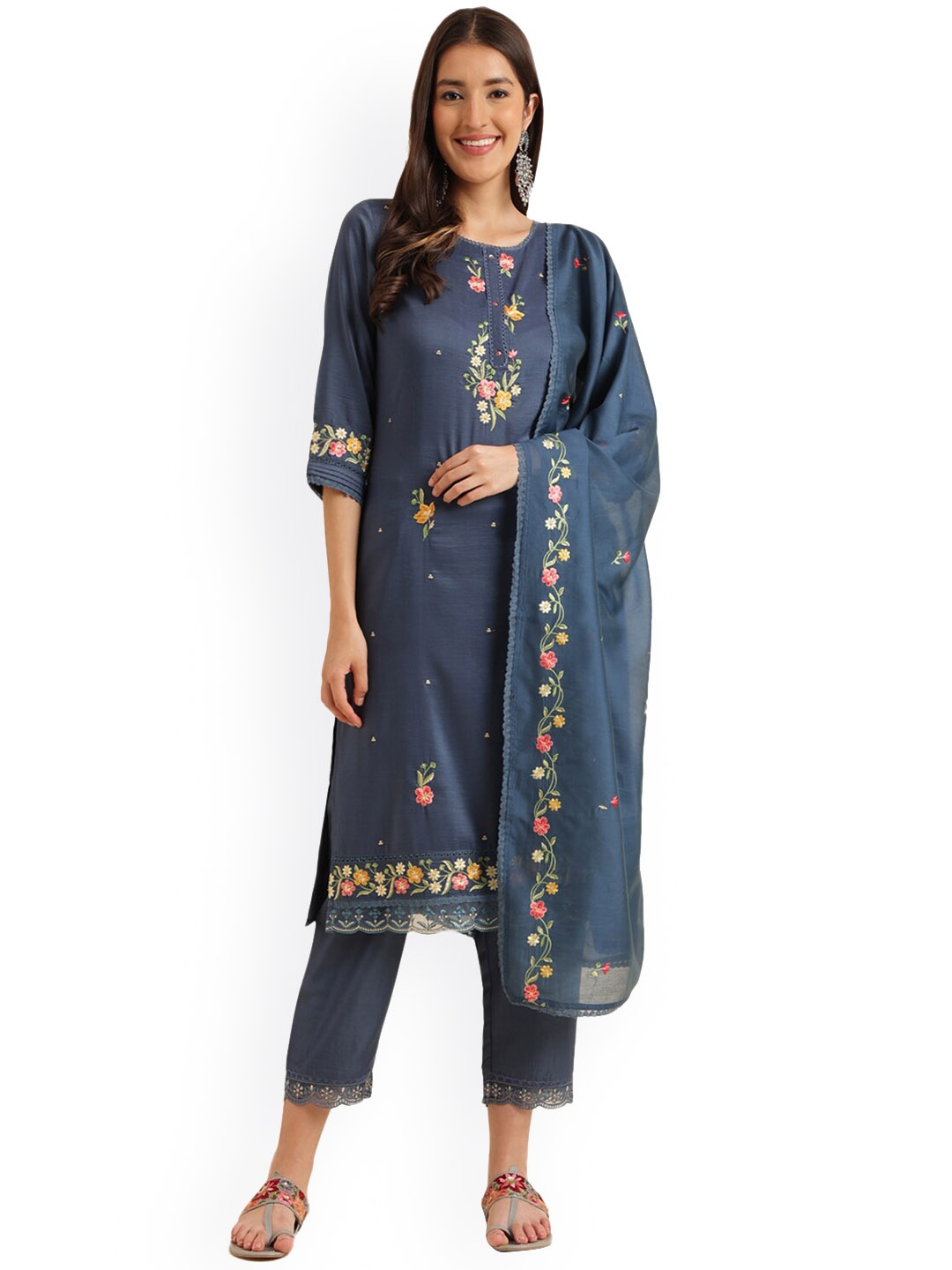

KALINI Floral Embroidered Straight Kurta with Trousers & Dupatta, Blue