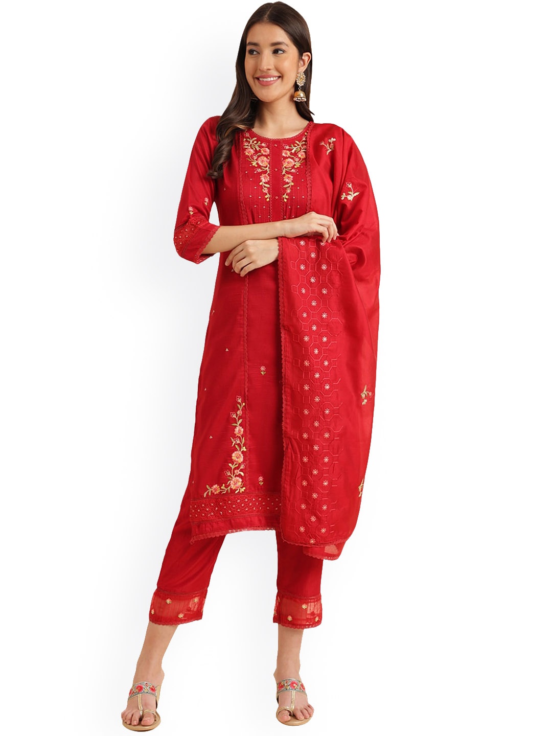 

KALINI Floral Embroidered Regular Thread Work Kurta With Trousers & Dupatta, Red