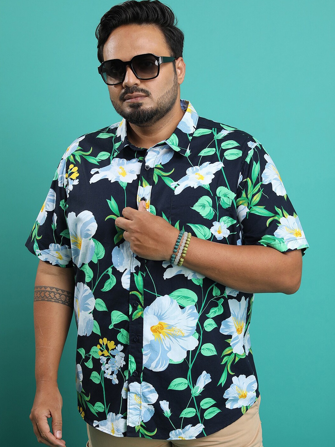 

HIGHLANDER Men Plus size Floral Printed Casual Shirt, Navy blue