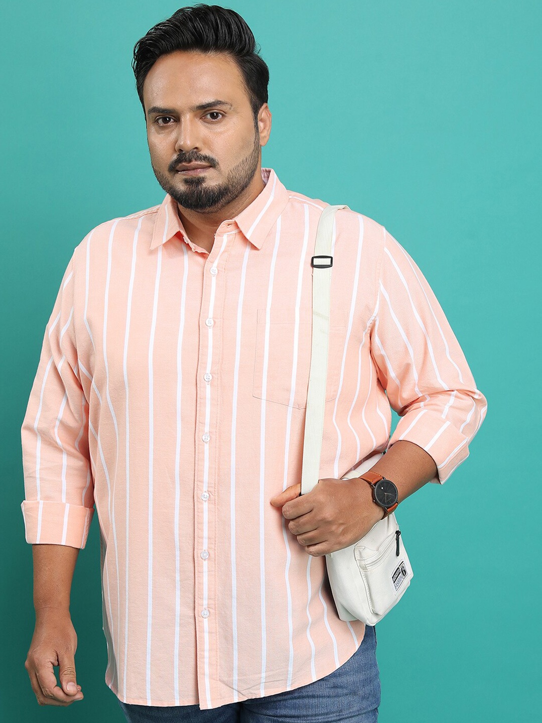 

HIGHLANDER Men Plus size Peach-Coloured Regular Fit Striped Casual Shirt