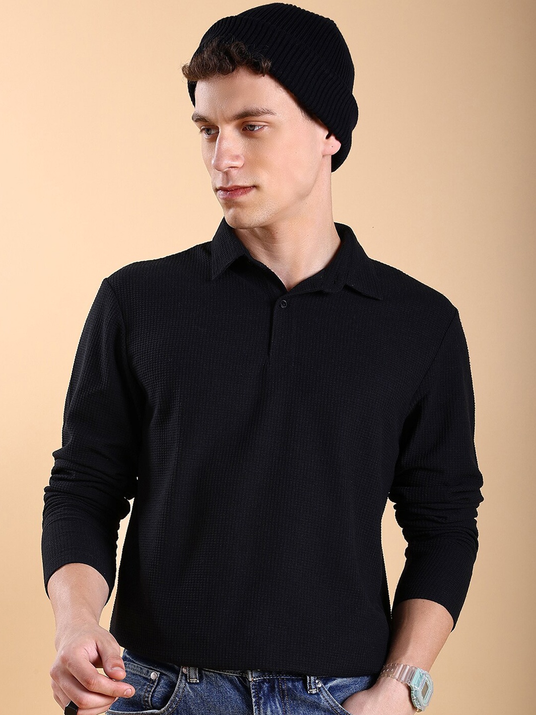 

HIGHLANDER Men Hooded Popcorn Structured Tshirt, Black
