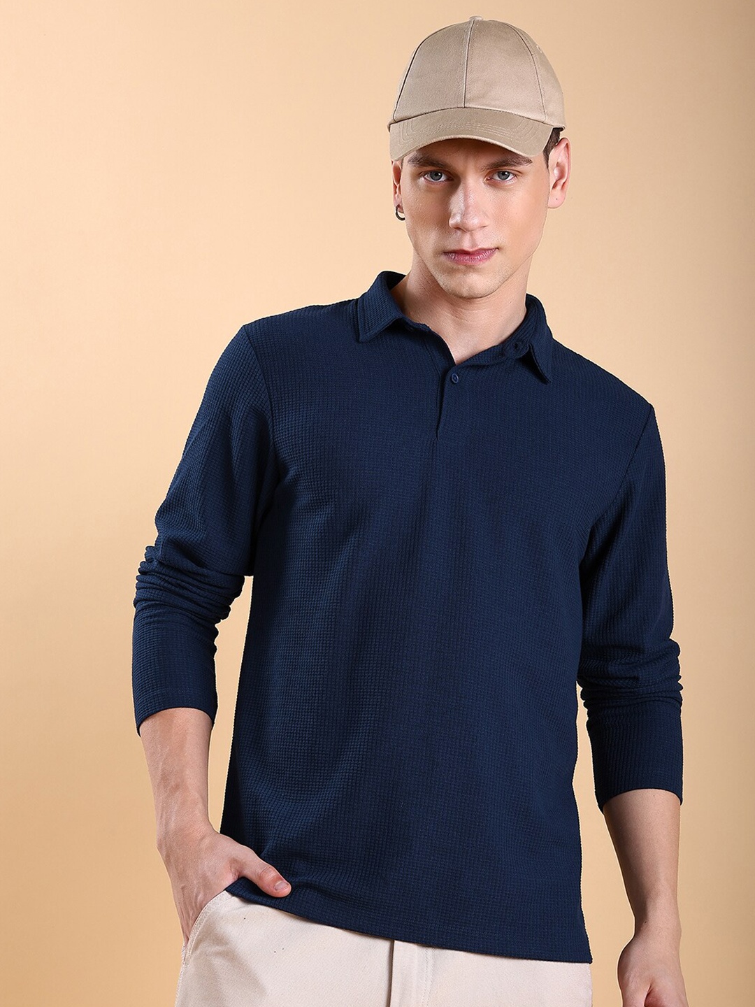 

HIGHLANDER Polo Collar Popcorn Structured Tshirt, Navy blue