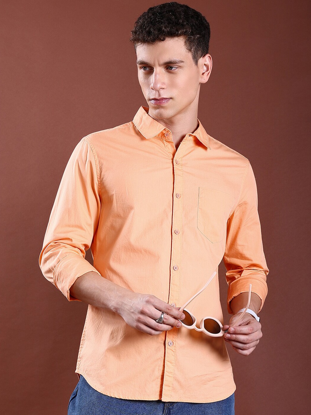 

HIGHLANDER Men Peach-Coloured Slim Fit Opaque Casual Shirt