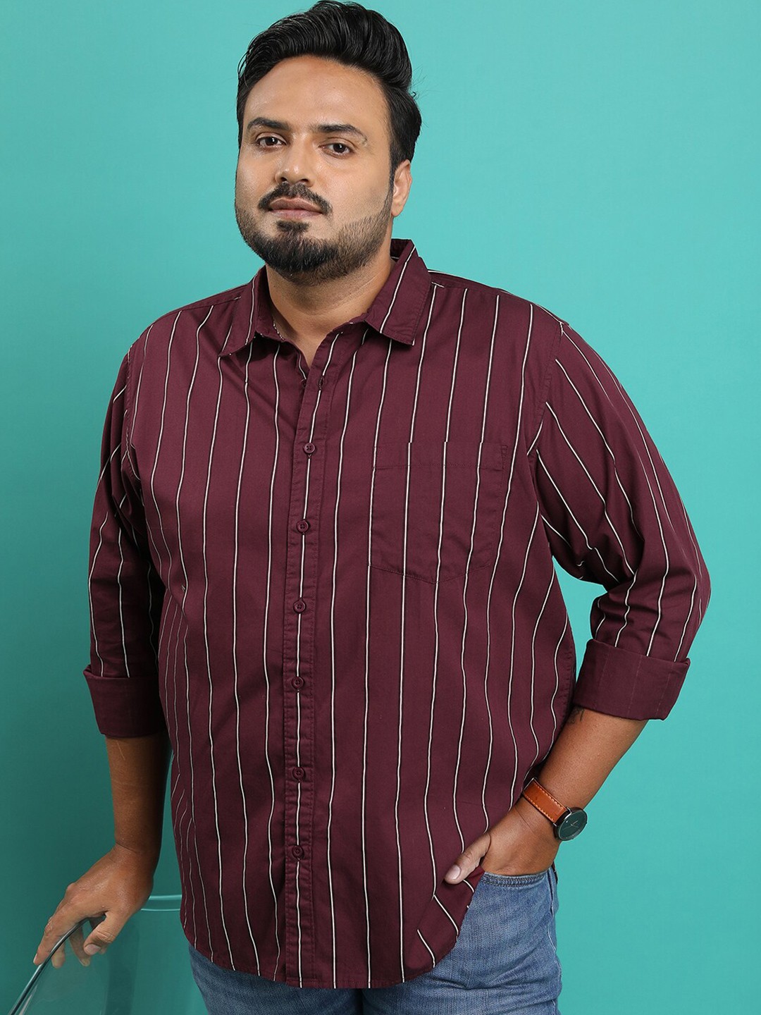 

HIGHLANDER Men Maroon Slim Fit Opaque Striped Casual Shirt