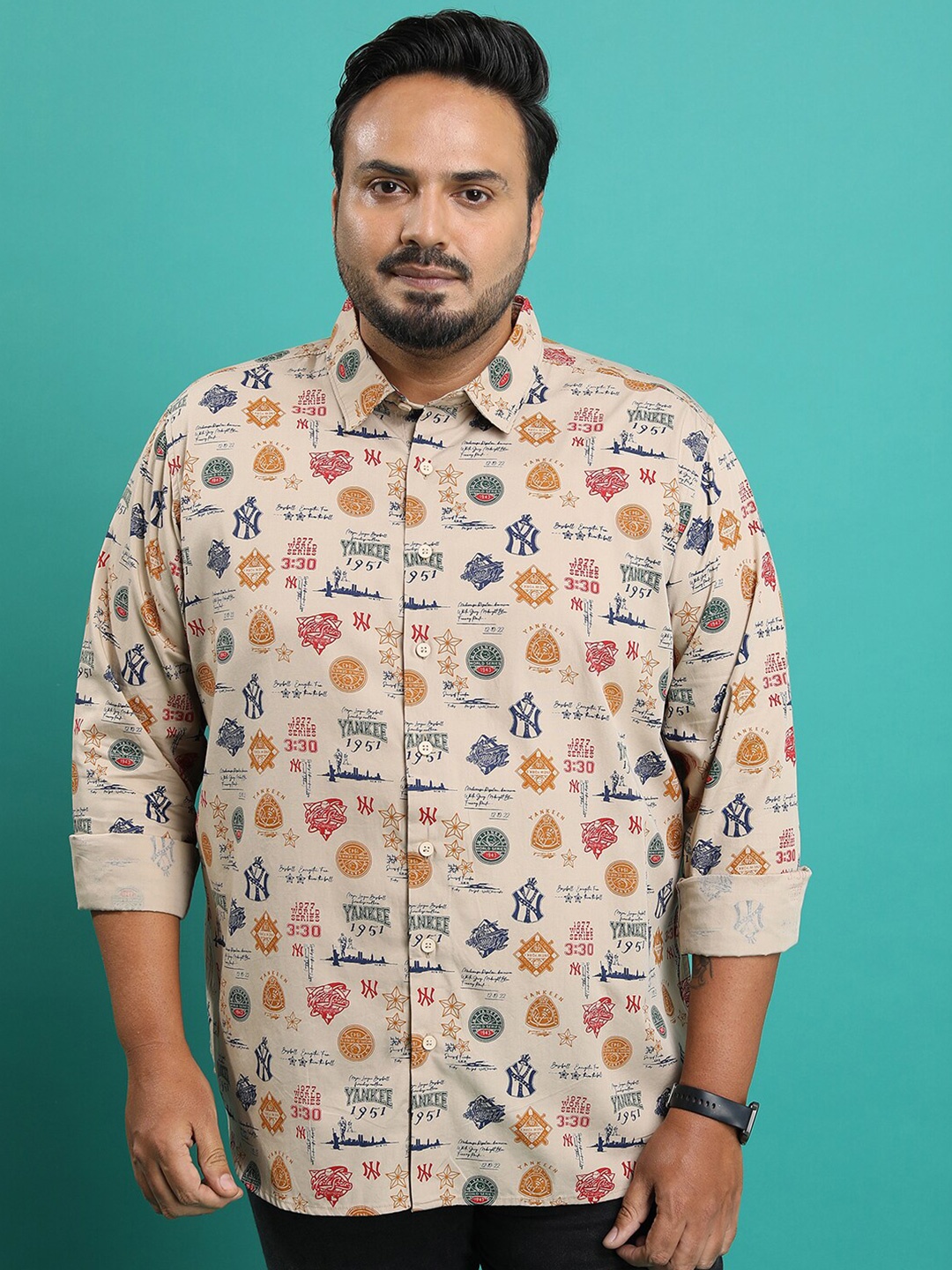 

HIGHLANDER Plus Size Beige & Yellow Slim Fit Conversational Printed Cotton Casual Shirt
