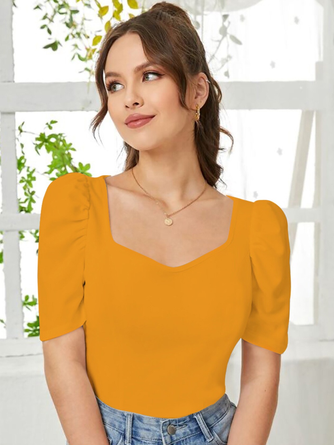 

Dream Beauty Fashion Sweetheart Neck Puff Sleeve Regular Top, Yellow