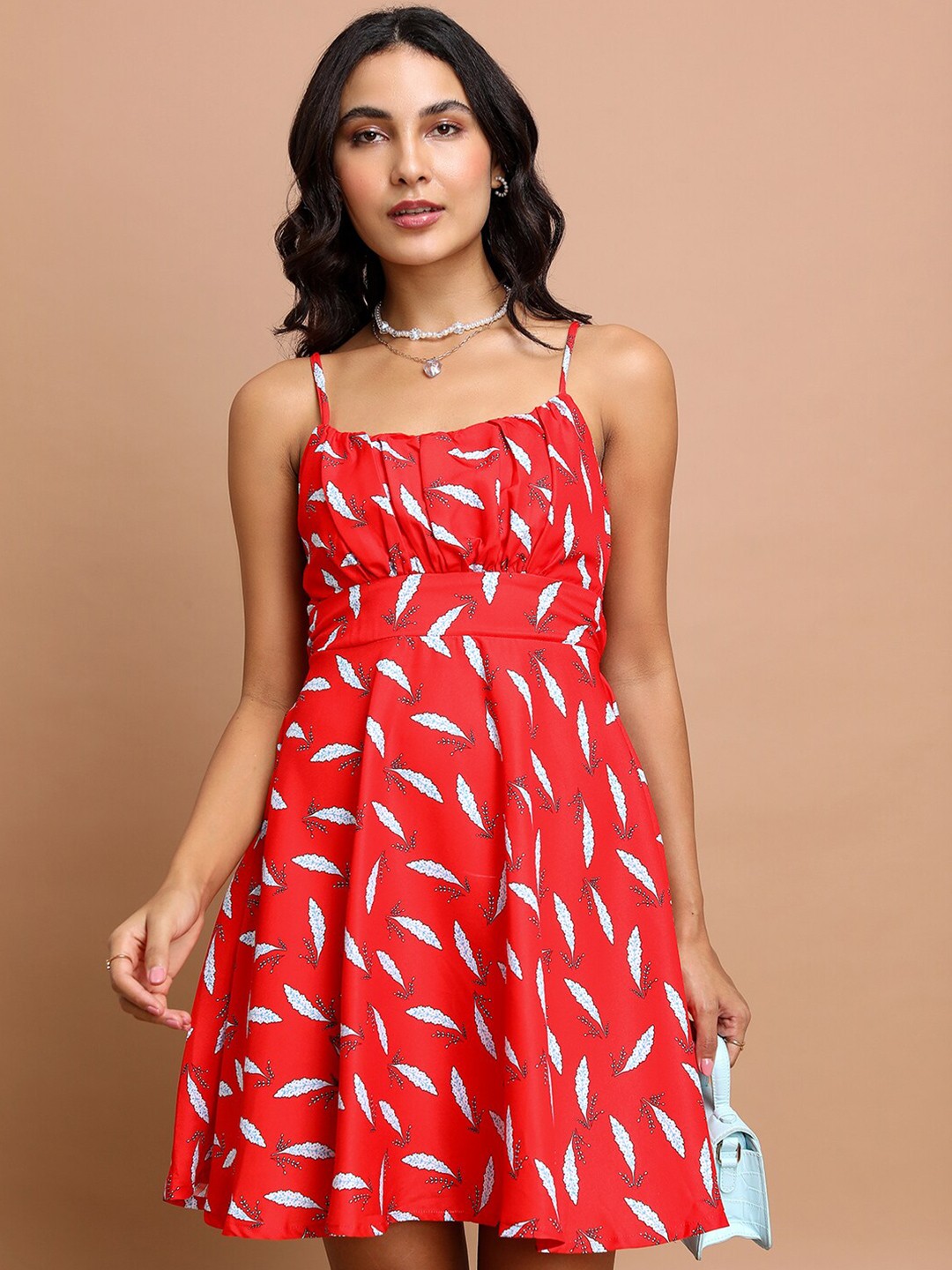 

KETCH Red Floral Printed Cut-Outs Tie-Up Fit & Flare Dress