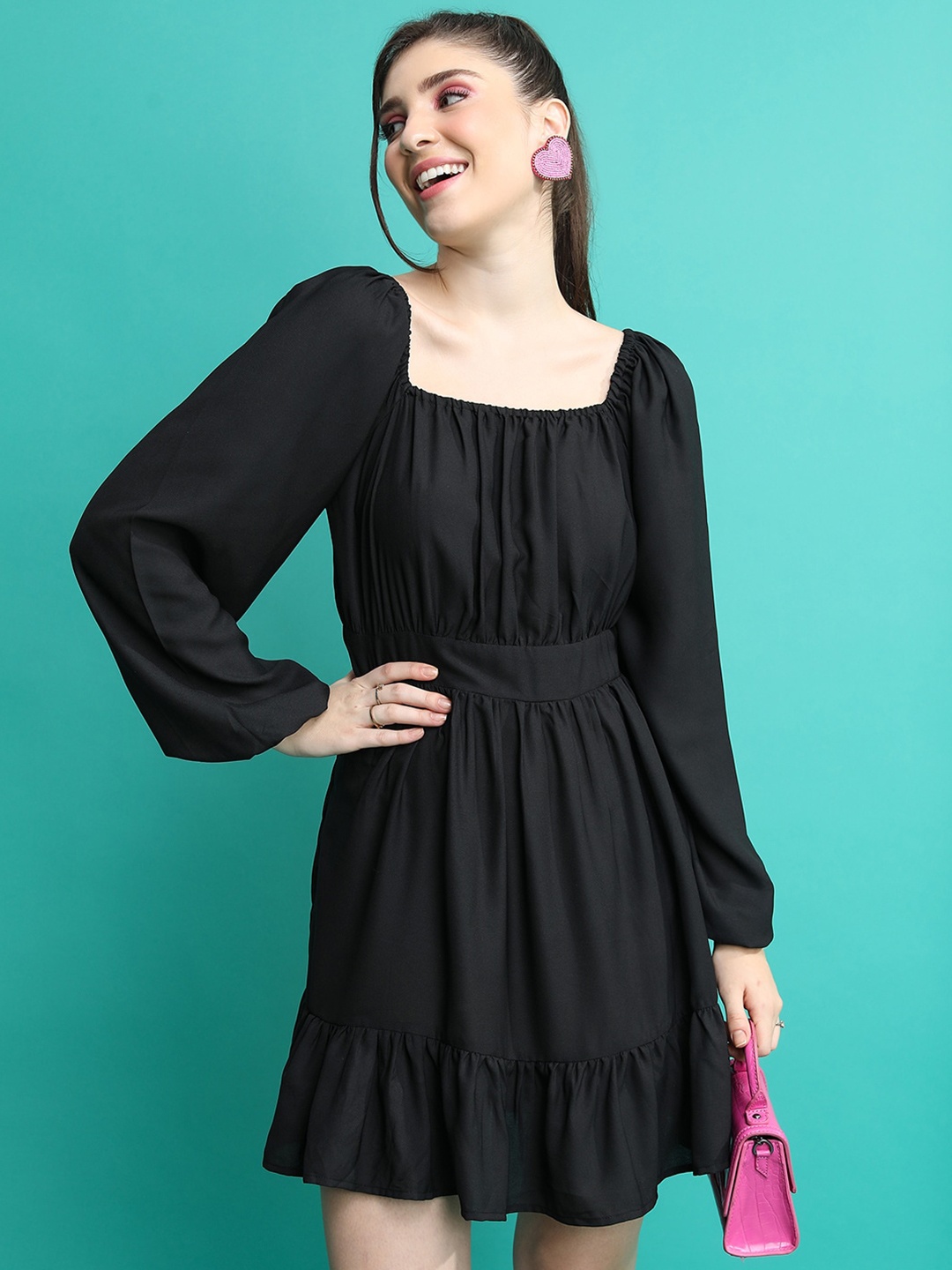 

KETCH Black Square Neck Puff Sleeves Gathered Fit & Flare Dress