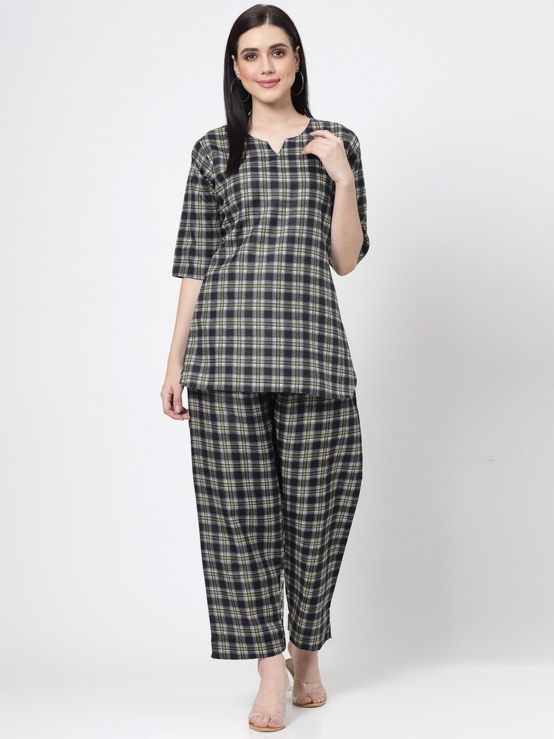 

KALINI Checked Regular Pure Cotton Kurti with Pyjamas, Navy blue