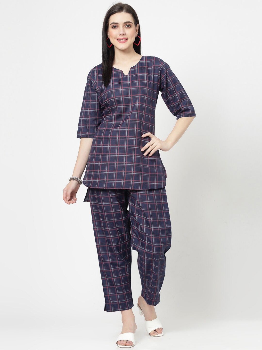 KALINI Round Neck Pure Cotton Kurti with Pyjamas, Blue