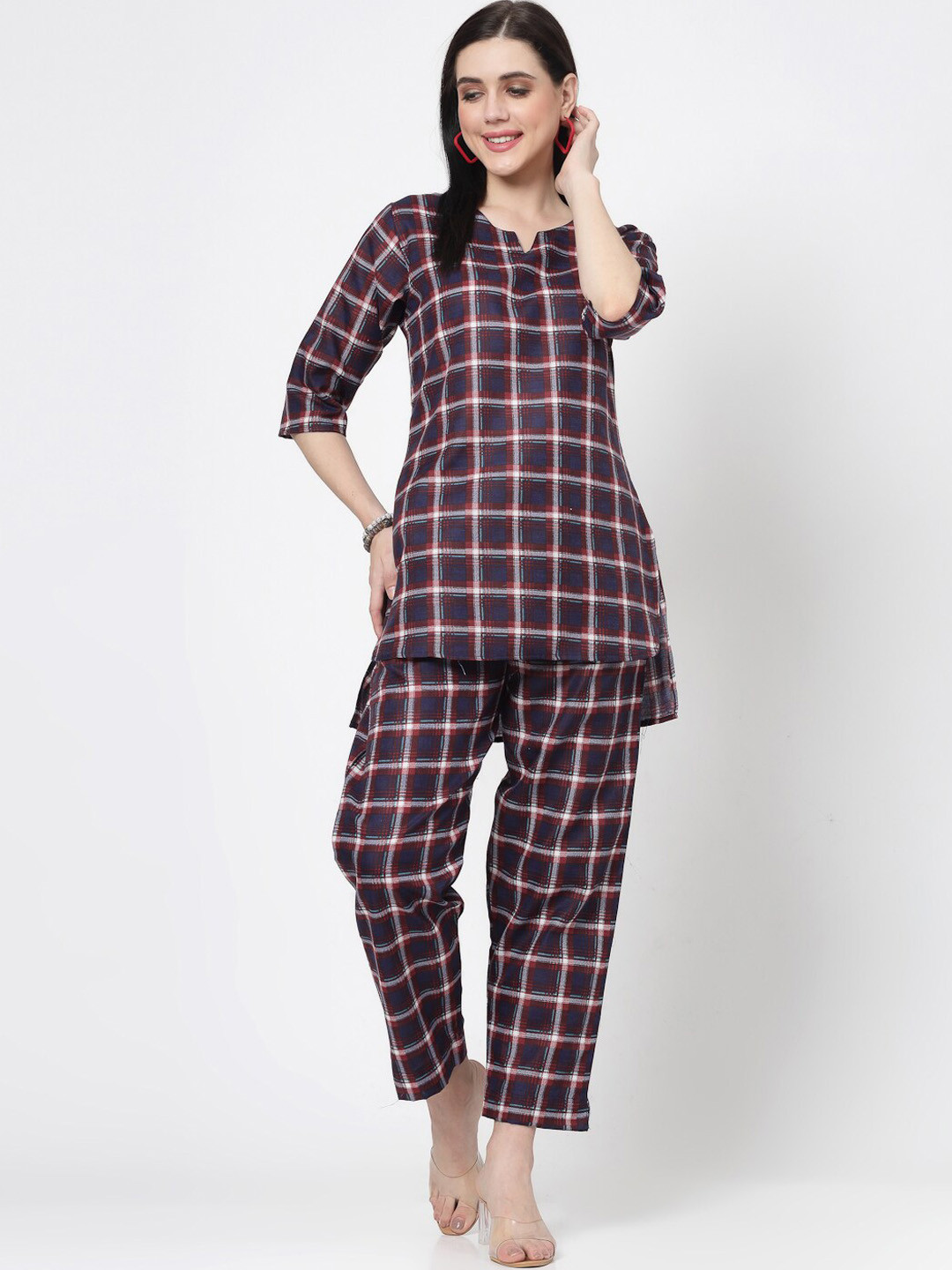 

KALINI Checked Round Neck Pure Cotton Straight Kurti with Trouser, Blue