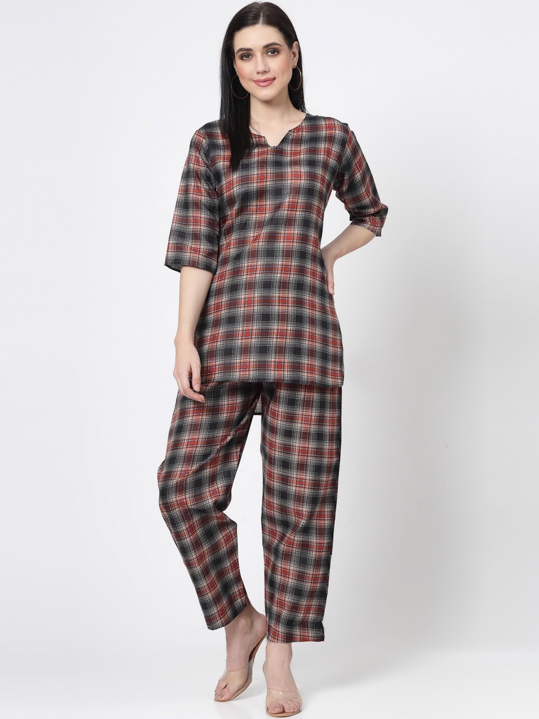 

KALINI Checked Round Neck Pure Cotton Straight Kurti with Trouser, Red