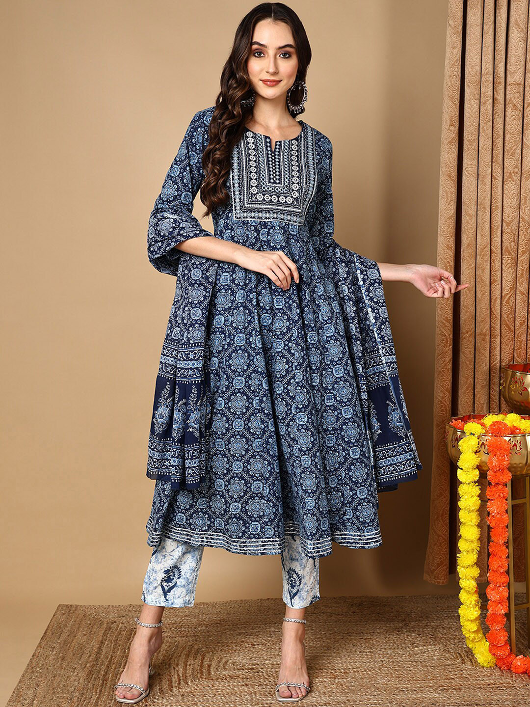 

AHIKA Floral Printed Mirror Work Pure Cotton Kurta with Trousers & With Dupatta, Blue