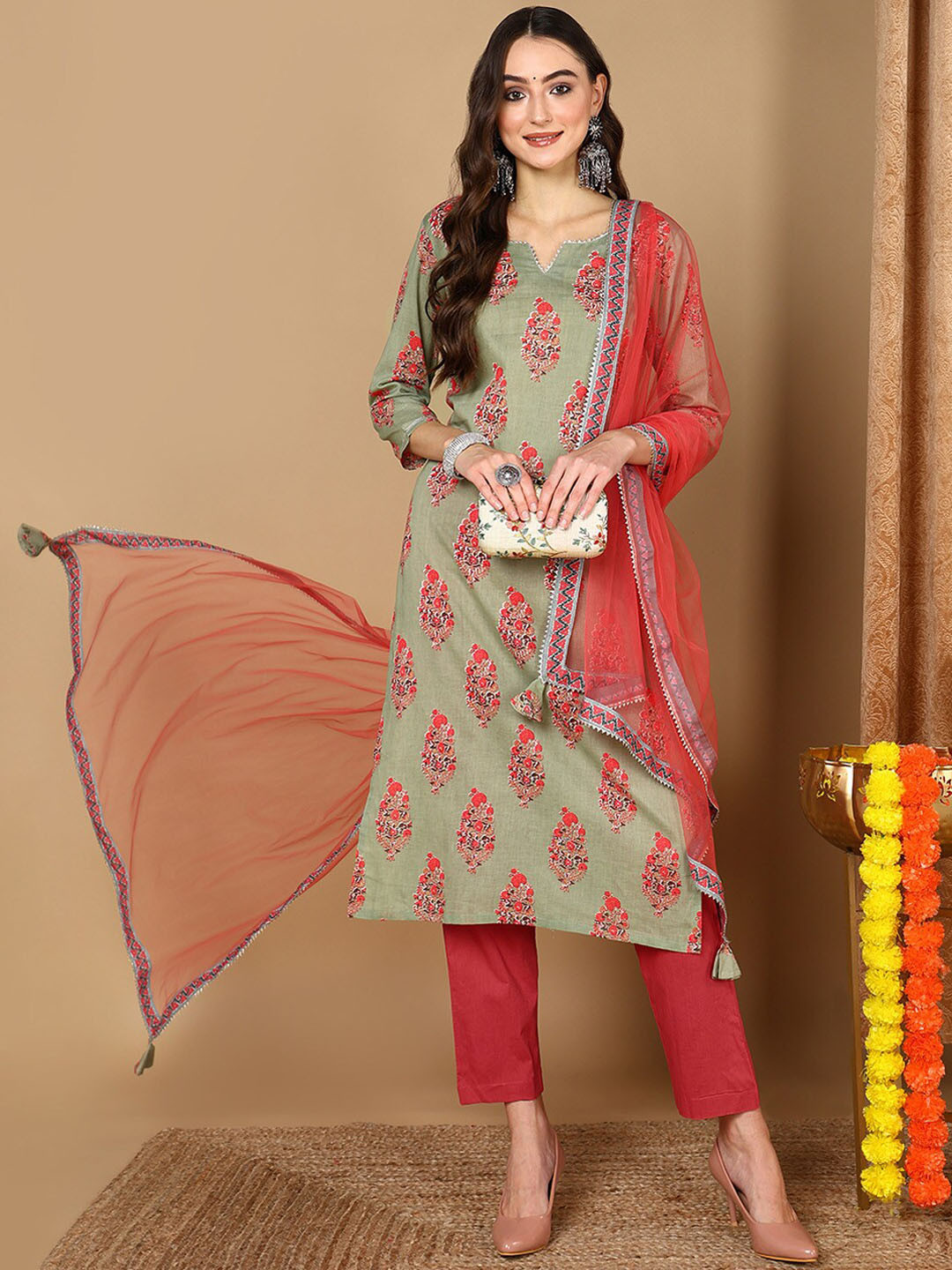

AHIKA Green Floral Printed Round Neck Regular Gotta Patti Kurta With Trousers & Dupatta